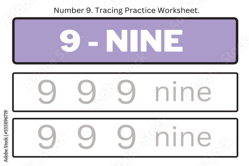 Numbers 9. Tracing Worksheet for kids. Preschool worksheet, practicing motor skills - tracing dashed lines. 