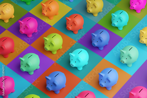 Array of piggy banks in saturated colours on high colour contrast background. Illustration of the concept of bank savings, financial investment and multiple sources of income photo