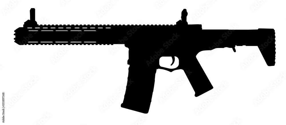 Silhouette image of ar assault rifle weapon with dot sign and front grip attachments isolated on white background