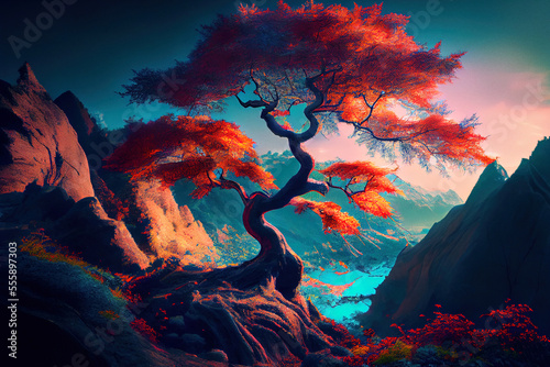 Beautiful Japanese maple tree on cliff at sunset. Atmospheric mood and lights.   Digitally generated AI image. © 0livia
