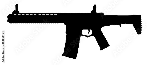 Silhouette image of ar assault rifle weapon with dot sign and front grip attachments isolated on white background