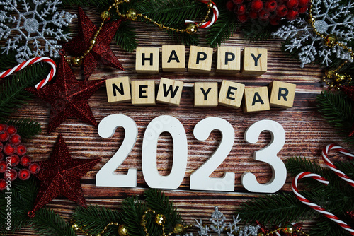 Happy New Year 2023 holidays celebration with christmas decorations background