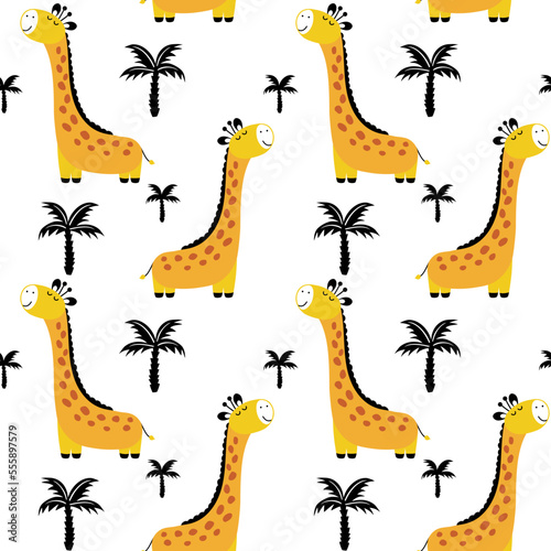 Baby seamless vector pattern. Cute giraffe with palms on white background. Creative kids texture for fabric  textile  wallpaper  apparel. Vector illustration in pastel colours.