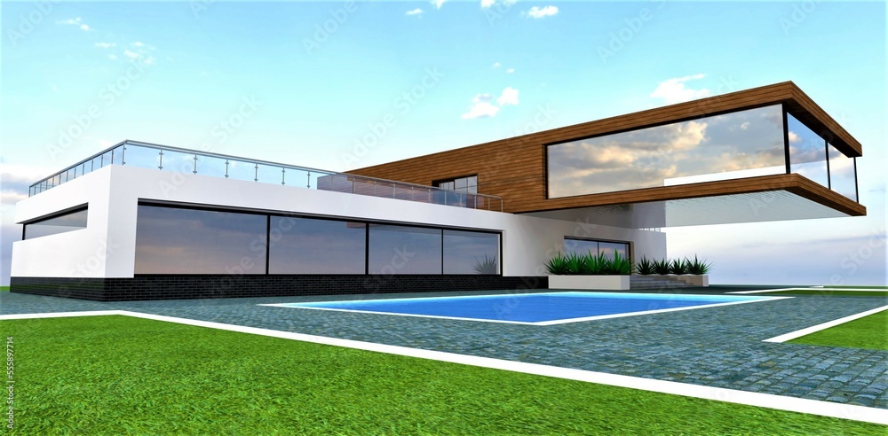 Fototapeta premium Beautiful country house with walking paths on the lawn. A successful combination of minimalist architectural lines with luxury elements. 3d rendering.