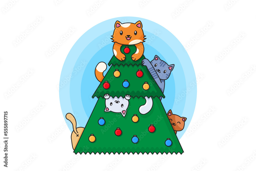 Christmas tree with cats and decoration vector