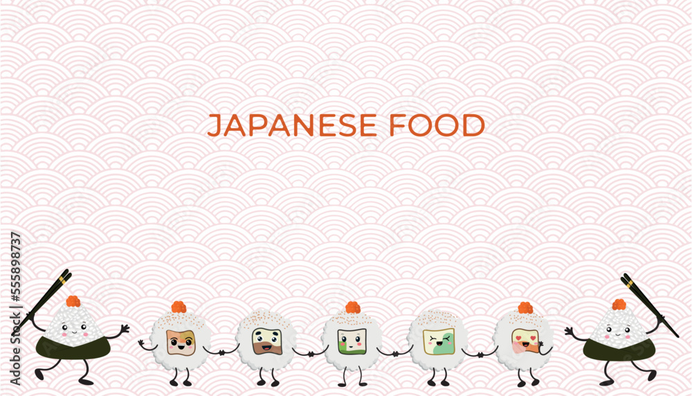 Vector illustration of Onigiri and sushi in the style of kawaii. Flat style Vector illustration of Onigiri and sushi in the style of kawaii. Flat style