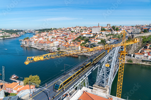 Bridge, crane, train and city views in Porto, Portugal