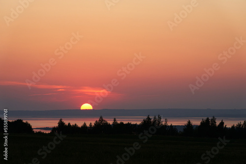 A picturesque summer sunset over the river. The sun hides behind the horizon  painting the sky and water in golden and pink shades. The river is framed by black silhouettes of trees.