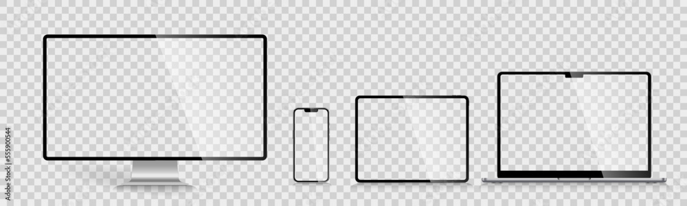 A set of isolated smart devices with blank screen: smartphone, tablet, laptop and desktop. Stock royalty free vector illustration A set of isolated smart devices with blank screen: smartphone, tablet, laptop and desktop. Stock royalty free vector illustration