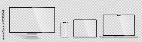 A set of isolated smart devices with blank screen: smartphone, tablet, laptop and desktop. Stock royalty free vector illustration