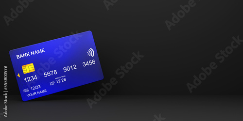 Modern blue ATM card design with Free Space, Plastic credit card isolated on black background, Latest Business and finance concept, 3D rendered