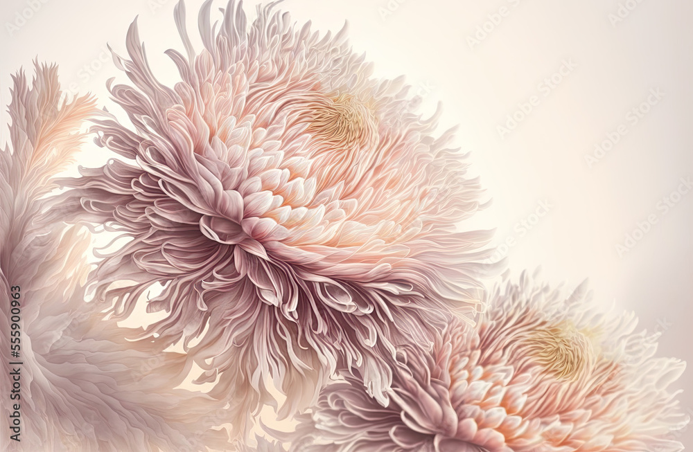 Luxury abstract chrysanthenum in pale pink, light mauve and gold. Feathers and blossoms for a magnificent background, beautiful lavish flowers, space for your text, card illustration, generated art Luxury abstract chrysanthenum in pale pink, light mauve and gold. Feathers and blossoms for a magnificent background, beautiful lavish flowers, space for your text, card illustration, generated art