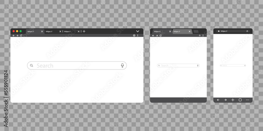 Browser window isolated on transparent background. Empty internet page window with toolbar and search field. Vector illustration flat design. - obrazy, fototapety, plakaty 