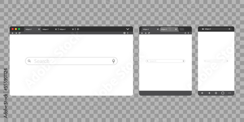 Browser window isolated on transparent background. Empty internet page window with toolbar and search field. Vector illustration flat design.