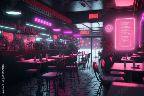 futuristic cyberpunk dystopian post apocalyptic cafe, Generative AI