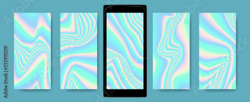 Color Holography Background. Abstract Gradient Templates for Mobile. Mesh Liquid Textures. Hologram Wallpapers. Neon Wave Screensaver. Bright Vibrant Fluids. Vector Holographic Set.