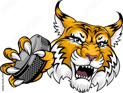 Fototapeta Naklejka Na Ścianę i Meble -  Wildcat Bobcat Ice Hockey Team Cartoon Mascot