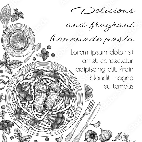 Vector illustration of pasta tagliatelle with salmon and broccoli and tea with lemon in engraving style