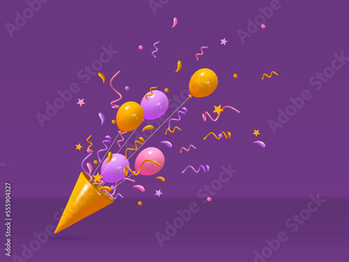 Confetti yellow party hat with balloons. Birthday, anniversary, celebration colorful serpentine explosion. 3d render realistic vector illustration.