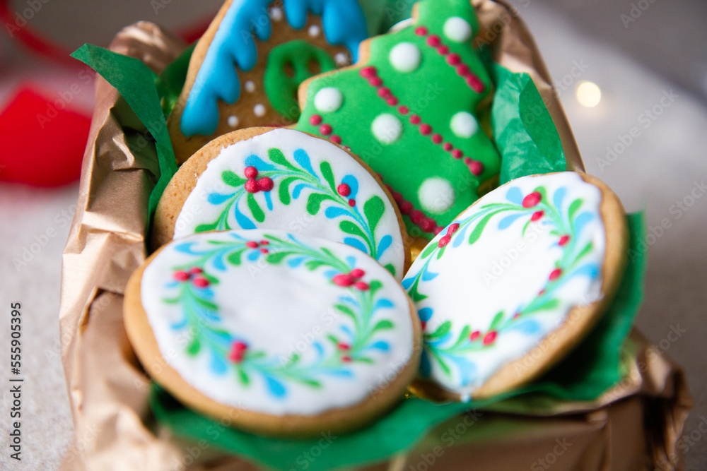 gingerbread cookies painted with colored icing in a box