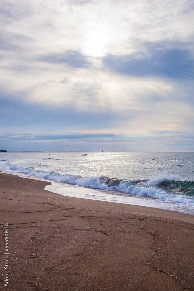 曇り空からわずかに光射す砂浜の風景 鳥取県 鳥取砂丘