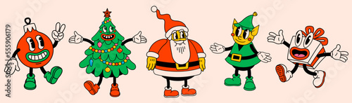Merry Christmas and Happy New year pack of trendy retro cartoon characters. Groovy hippie Christmas stickers with Santa Claus, Christmas tree, Elf, gift and ball. Vector Cartoon characters and