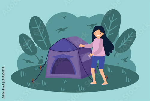 teen girl with camping tent