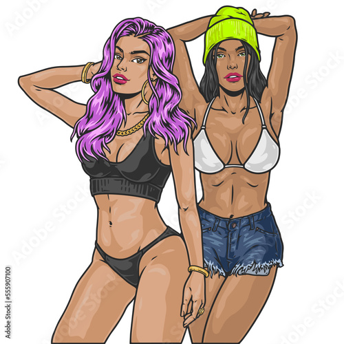 Cocky bikini girls colorful emblem