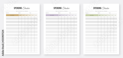 Weekly Spending Tracker. Weekly Bill Tracker. Minimalist Financial Planner. Set of vector. Eps10 vector. Modern Planner Template Set. Planner Bundle Set. 