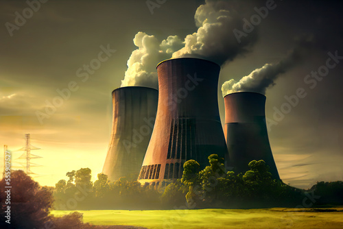 nuclear power plant emissions, climate warming and environmental pollution problems. Green nuclear energy or the danger of radiation contamination ai generated