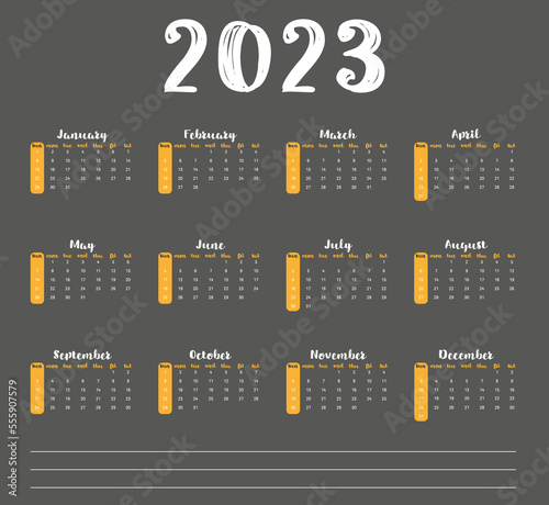 Monthly calendar template for 2023 year. Week start on Sunday.