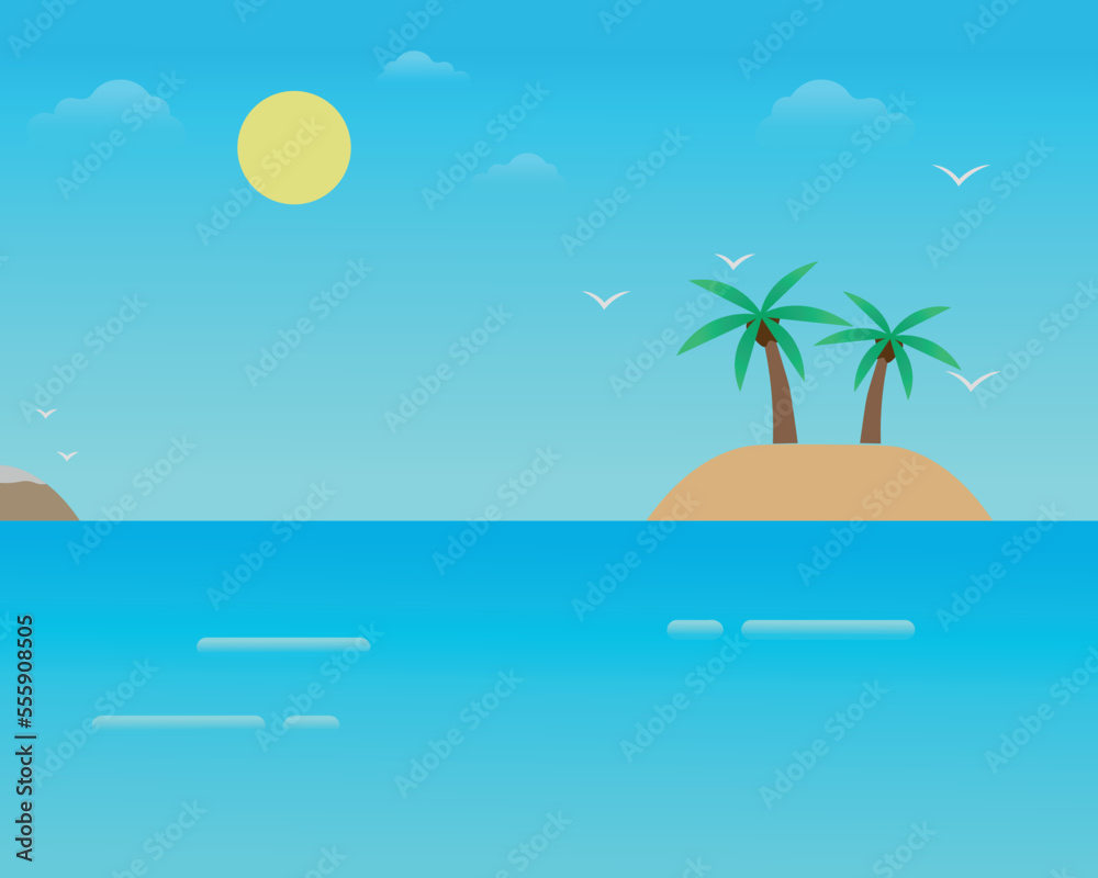 Cartoon tropical island with palm trees. Island in ocean, uninhabited isle with beach