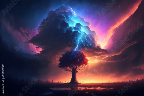﻿ Tree in colourful stormy weather - Generative AI