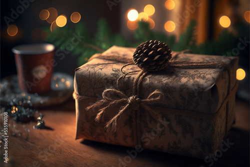 Advent season, Christmas gift and golden sparkling lights dark background © erika8213