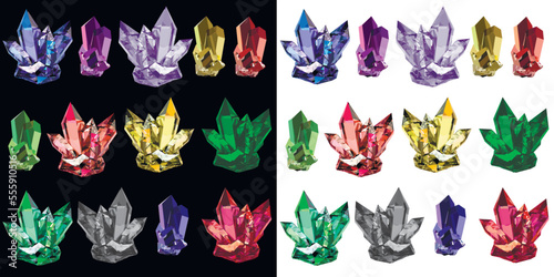 Crystal clusters, quartz or crystalline mineral. Faceted rough stalagmites, isolated jewelry precious or semiprecious gem stones, Realistic 3d vector set