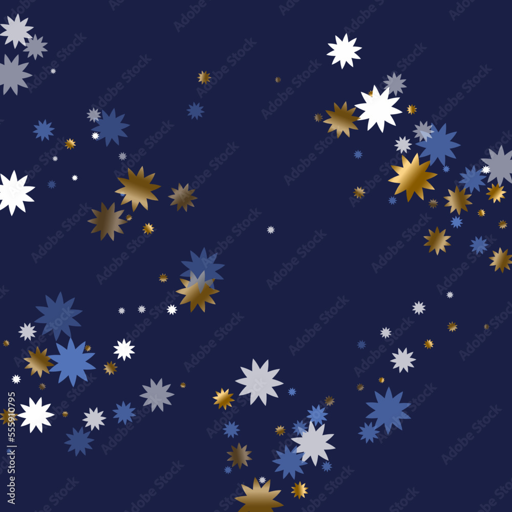 Traditional Christmas star vector pattern illustration. Gold blue white twinkle confetti.