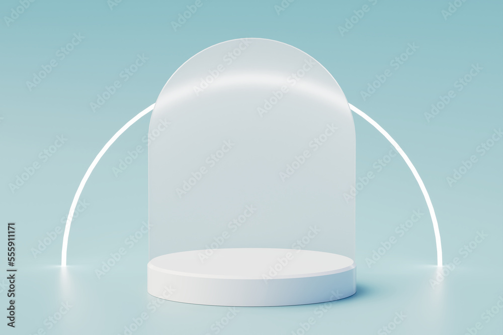 Blue 3D background with realistic cylinder pedestal podium, neon light and glass arch shape. Futuristic minimal wall scene mockup product display. Stage for showcase. 3d rendering Blue 3D background with realistic cylinder pedestal podium, neon light and glass arch shape. Futuristic minimal wall scene mockup product display. Stage for showcase. 3d rendering