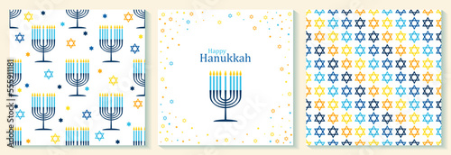 Happy Hanukkah card with nine-branched candelabrum Hanukkah menorah and Star of David Jewish symbol.