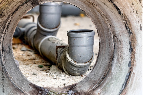 Sewer pipes in home basement. System of gray sanitary pipes when building a house. Sewer installation for sewage disposal.