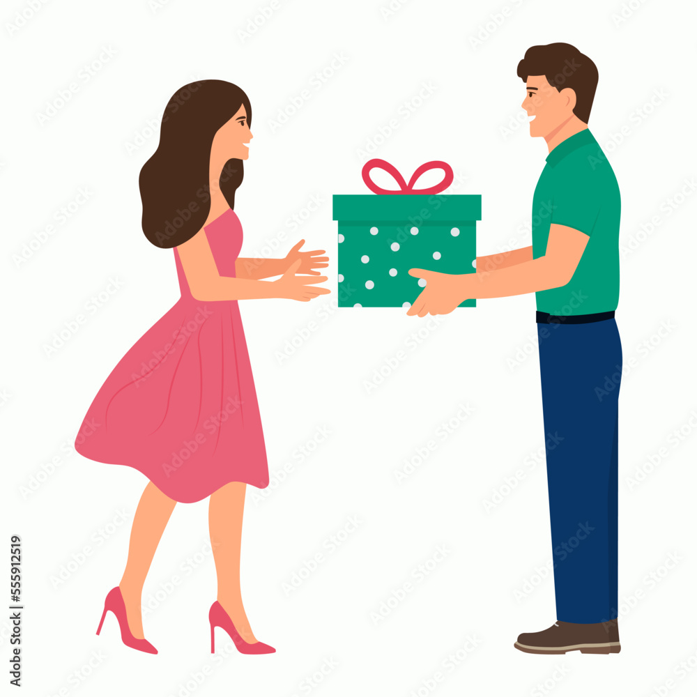 .Young man giving gifts to his girlfriend or friend. Smiling Guy presents box surprise. Concept for Birthday, Valentine's Day or Holidays. Flat vector illustration.. .Young man giving gifts to his girlfriend or friend. Smiling Guy presents box surprise. Concept for Birthday, Valentine's Day or Holidays. Flat vector illustration..