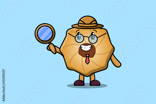 Cute cartoon character Cookies detective is searching with magnifying glass   