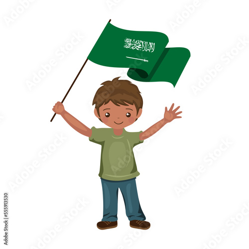 Boy with the flag of Saudi Arabia, a beautiful little child holds the flag of Saudi Arabia in his hand in flat style. vector illustration