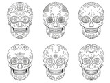 Collection of Day of The Dead sugar Skulls with floral ornament. Mexican skull. Illustration on transparent background