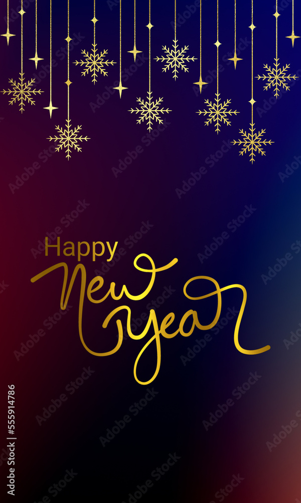 Happy new year with golden effect written on maroon and navy gradient background with ornaments as decoration