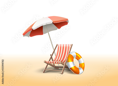 3d realistic vector icon of sunbed with umbrella on the sand.