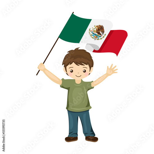 Boy with the flag of Mexico, a beautiful little child holds the flag of Mexico in his hand in flat style. vector illustration