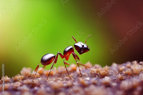 close up of red ant on leaf in front of green background, generative ai © Felix