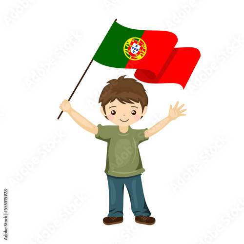 Boy with the flag of Portugal, a beautiful little child holds the flag of Portugal in his hand in flat style. vector illustration