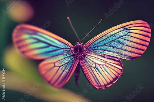 flying colourful butterfly with green background, generative ai