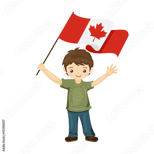 Boy with the flag of Canada, a beautiful little child holds the flag of Canada in his hand in flat style. vector illustration